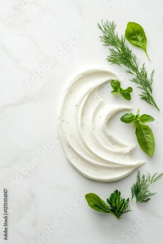 Marble Elegance in Culinary Design Herb-Enhanced Ranch Swirls on Smooth White Marble - Gourmet Food for Premium Lifestyle and Hospitality Branding