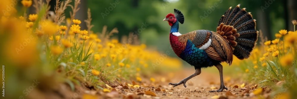 Pavo real con cuello largo y cabeza colorada caminando por un sendero de tierra, riego, pavo real, tierra Pavo real con cuello largo y cabeza colorada caminando por un sendero de tierra, riego, pavo real, tierra
