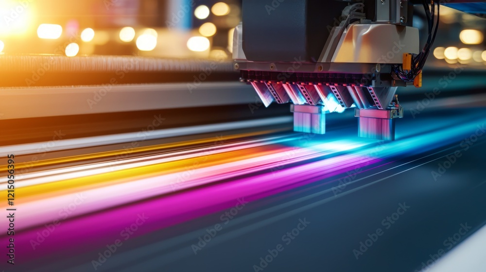 Advanced printing technology in action at a production facility showcasing vibrant colors and precision tools