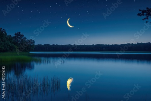 A crescent moon over a calm lake, where the moonlight reflects on the still water, creating a serene and magical night scene.