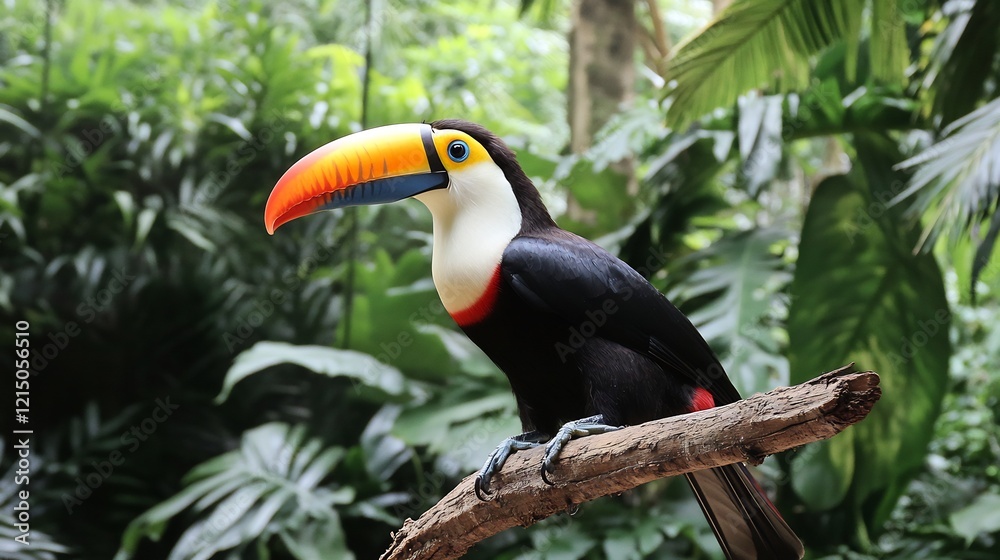 Vibrant toucan perched a branch in the heart of a tropical rainforest its colorful beak standing out against dense green foliage captured with a telephoto lens to highlight its beauty Vibrant toucan perched a branch in the heart of a tropical rainforest its colorful beak standing out against dense green foliage captured with a telephoto lens to highlight its beauty