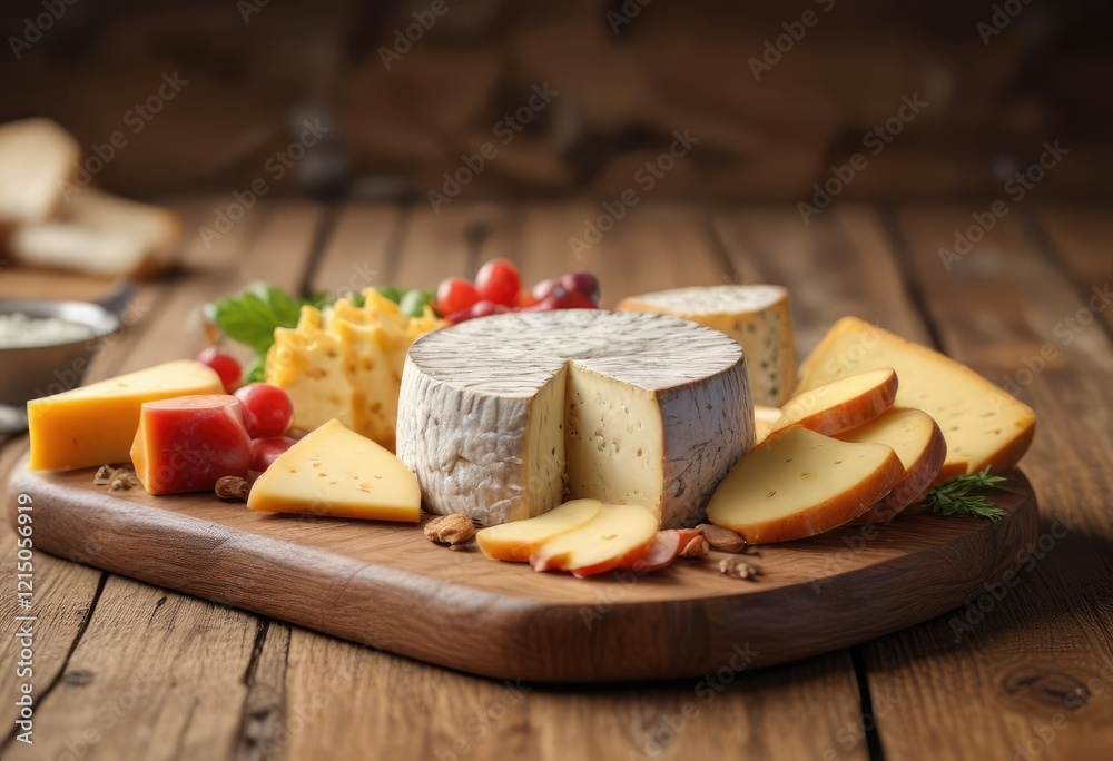 Assortiment de fromages sur un plateau de bois, ?l?gant, naturellement d?cor?, rustic Assortiment de fromages sur un plateau de bois, ?l?gant, naturellement d?cor?, rustic