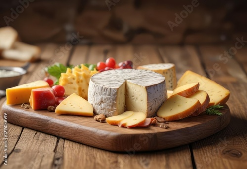 Assortiment de fromages sur un plateau de bois, ?l?gant, naturellement d?cor?, rustic