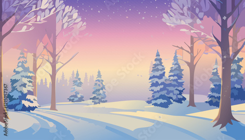 Winter forest landscape with snow and trees. Vector illustration in cartoon style.