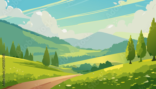 Landscape with road in the mountains. Cartoon style vector illustration.