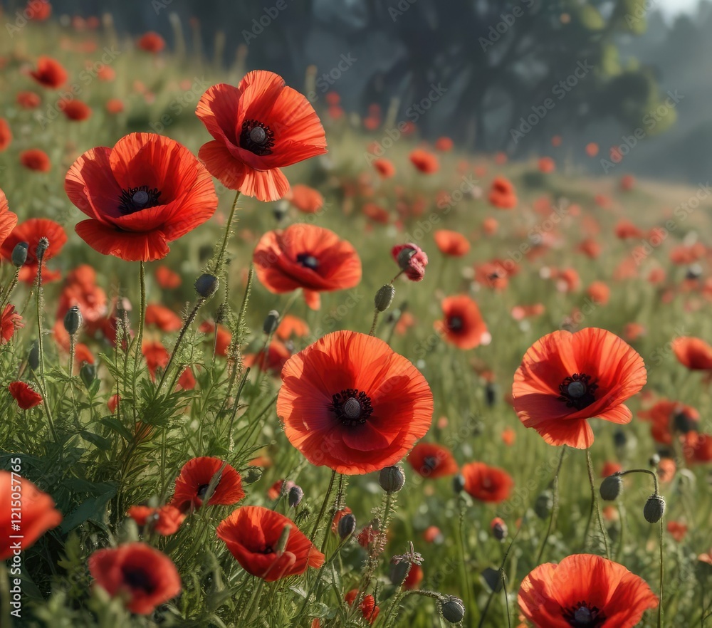 Obraz premium Autumn red poppies swaying gently in a breeze, meadow, swaying flowers