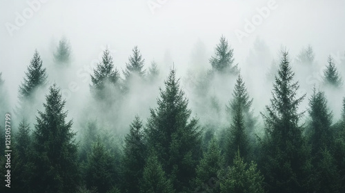 A green forest background with mist and fog, evoking calmness and tranquility, perfect for nature-inspired designs with a minimalistic, bright tone and blurred effects, offering empty space for captio photo