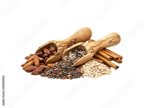 Isolated Wooden Scoops with Legumes and Cinnamon Sticks