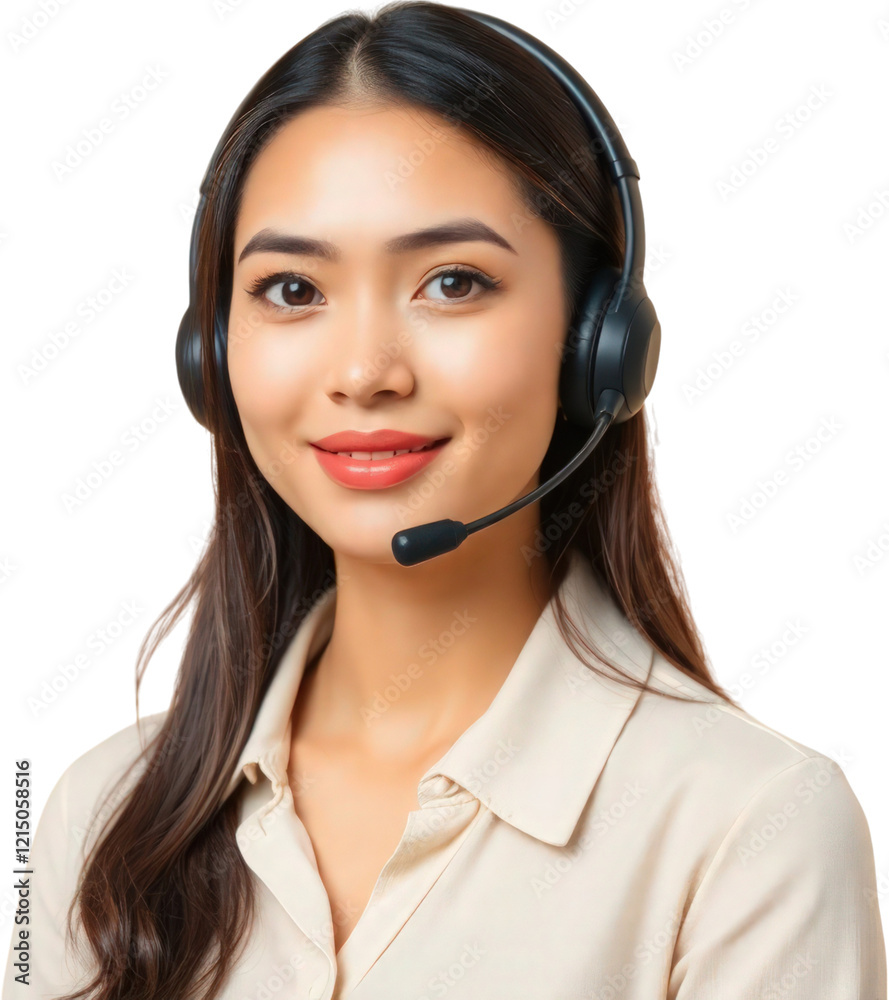 Young female call center operator wearing a headset isolated on transparent background