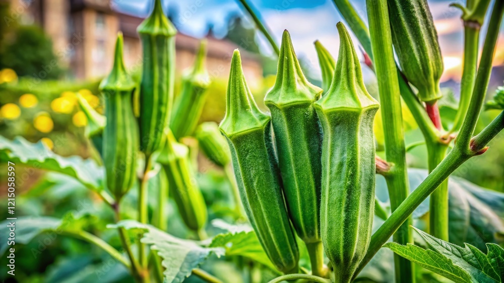 Fototapeta premium Lush Green Okra Plants Growing in Urban Garden - Fresh Organic Vegetables