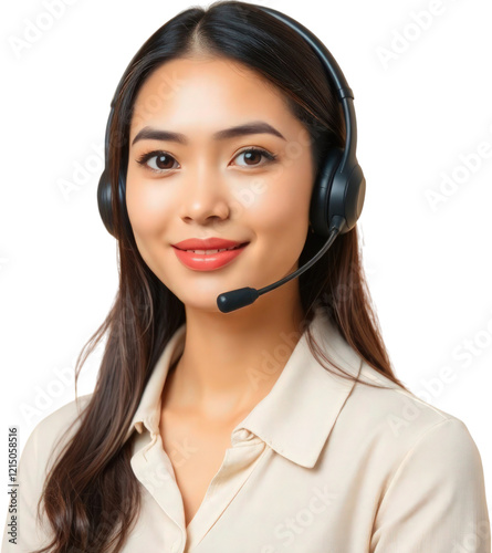 Young female call center operator wearing a headset isolated on transparent background