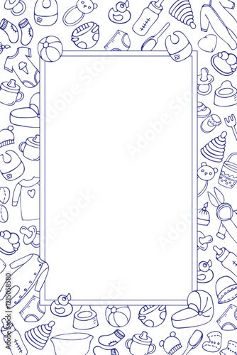 vertical frame of toys and items for newborns, hand-drawn in cartoon style. contour drawing.