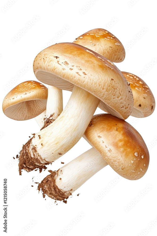Bunch of mushrooms arranged on a black background showcasing their natural shapes and textures isolated on transparent background.