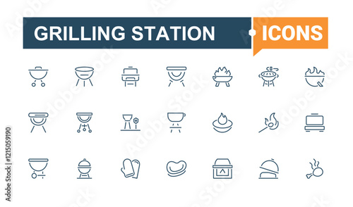 Grilling Station icons set in linear style. Includes icons for cook, ham, barbeque, eat, knife, party, sausage, hot. Outline icon. Editable stroke.