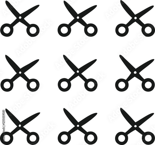 A grid layout of nine simple, black, silhouette icons of scissors.