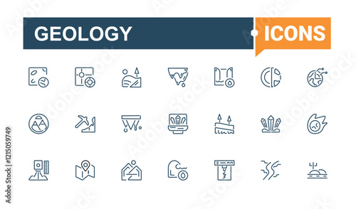 Set of Geology line icons. Contains such icons as geology, ground, layer, stone, technology, theodolite, gold and more. Perfect for logos and infographics. Editable stroke.