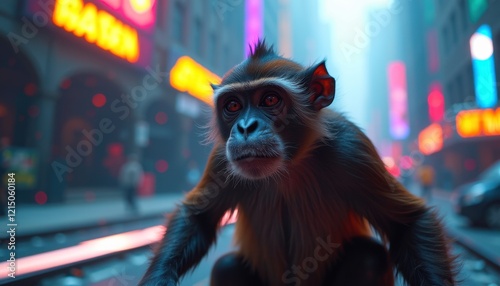 Sad Chimpanzee Gazes at City Lights | A Symbol of Zoonotic Disease photo