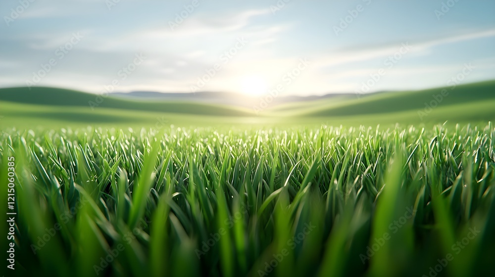 Fototapeta premium Bright Sunrise Over Lush Green Grass Landscape with Soft Lighting