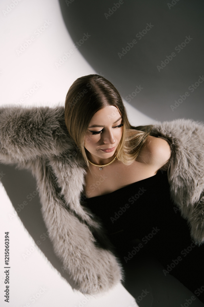 Portrait of a woman in a studio with professional lighting in a smart dress with gloves and a fur coat