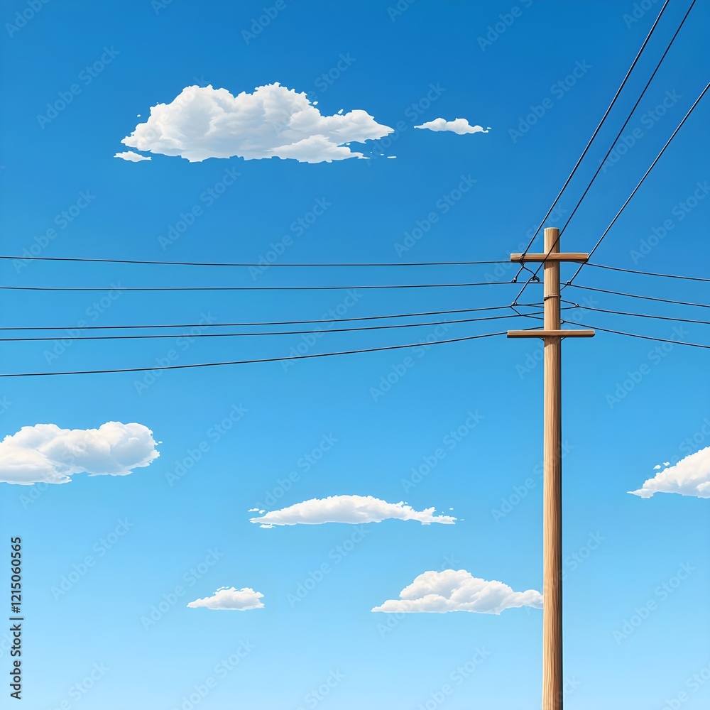 Fototapeta premium Cloudy Sky with Power Lines and Electric Pole in Bright Blue Atmosphere