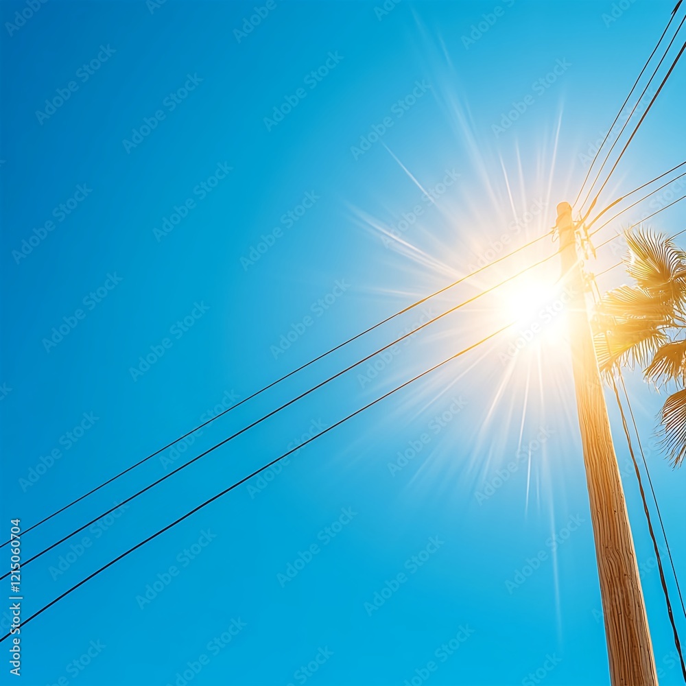 Fototapeta premium Bright Sunlight Overhead with Power Lines and Palm Tree Fronds