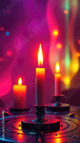Obraz na płótnie Modern candles with bright flames surrounded by colorful abstract neon background w salonie