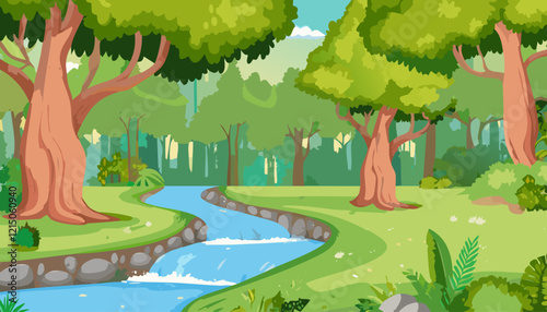Nature scene with river and green forest illustration.