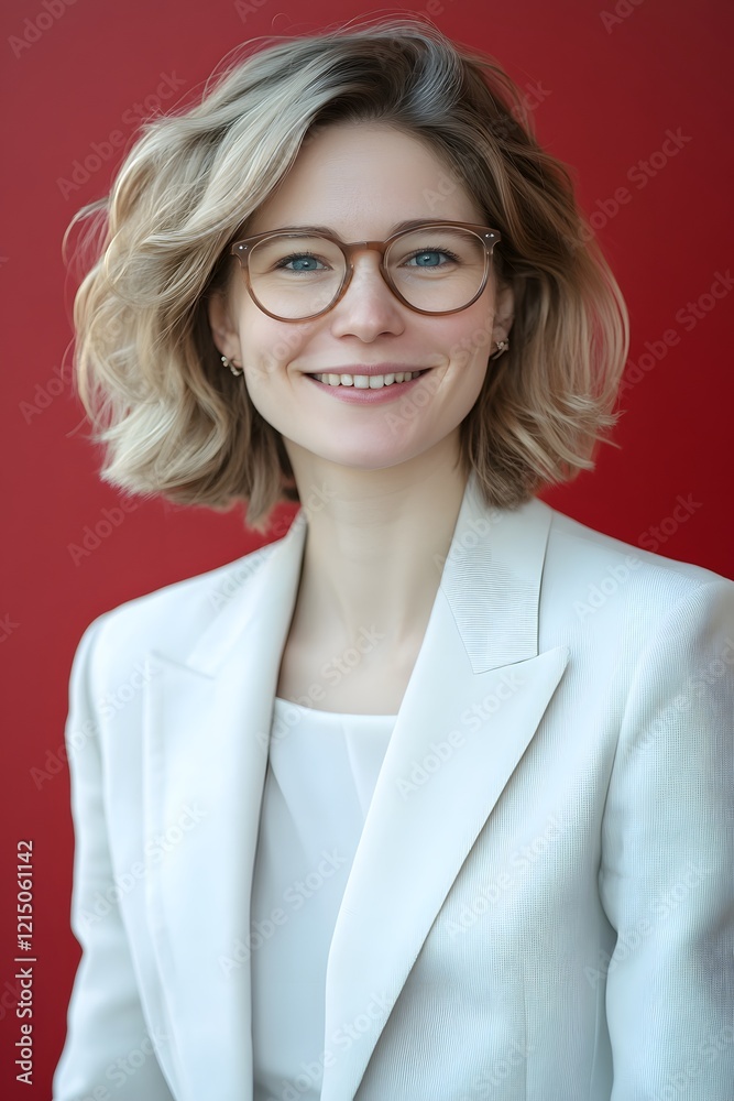 Fototapeta premium Confident Professional Woman with Glasses Smiling in Stylish Modern Office Setting