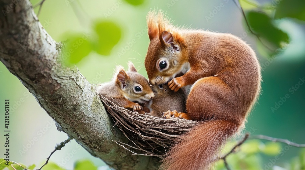 A heartwarming scene: Mother squirrel with her young in a cozy nest A heartwarming scene: Mother squirrel with her young in a cozy nest