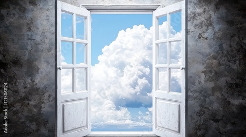 Open window to cloudy sky indoor digital art