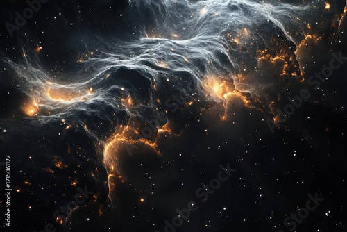 A dark matter veil obscuring the view of distant galaxies, with only faint outlines of stars and cosmic structures visible through the darkness