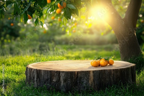 Orchard sunlight oranges wood stump display photo