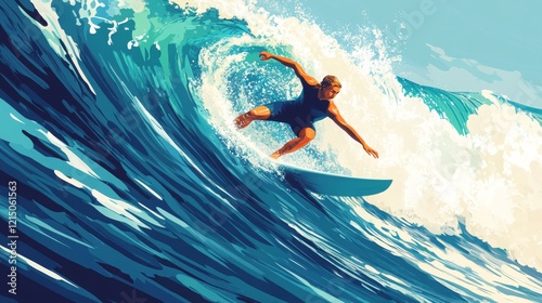 Vector illustration of a surfer riding a wave. 