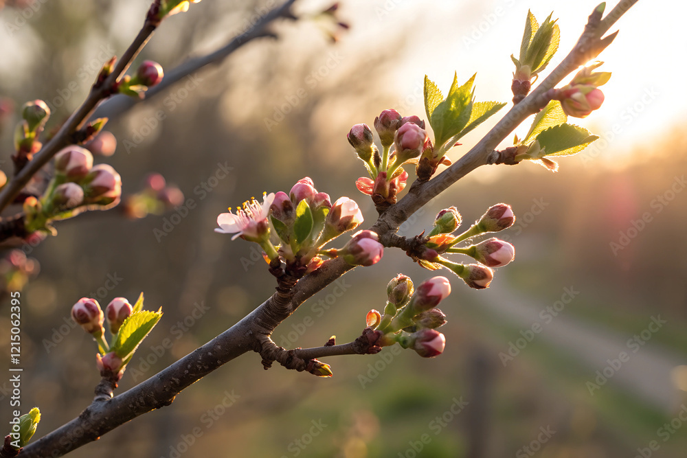 Tree Branch with Budding Flowers at Sunset, Spring Awakening and Nature Rebirth Concept Tree Branch with Budding Flowers at Sunset, Spring Awakening and Nature Rebirth Concept
