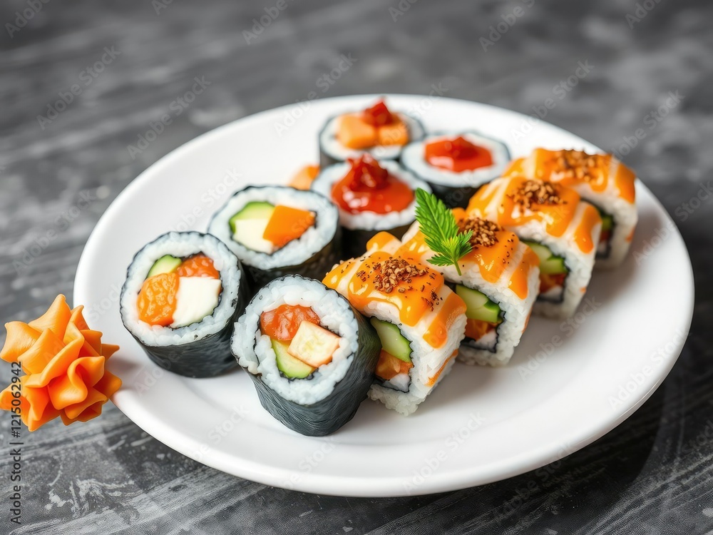 Beautifully arranged sushi rolls on a white plate, delicious, restaurant, Japanese cuisine