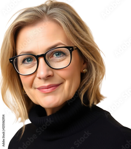 Middle aged German woman with eyeglasses wearing a black sweater isolated on transparent background