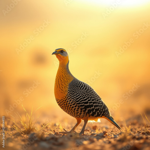 Beautiful yellow throated sandgrouse in golden sunlight, glowing, golden hour, radiance, stunning photo