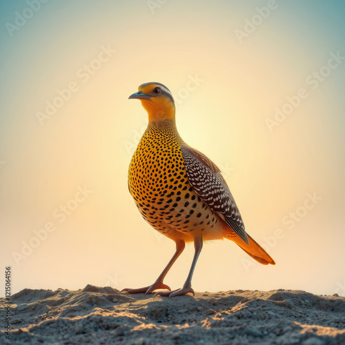 Beautiful yellow throated sandgrouse in golden sunlight, golden hour, radiance