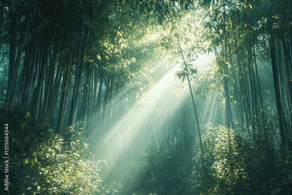 A dense bamboo forest with sun rays piercing through the canopy, creating a serene and mystical atmosphere amidst the towering stalks. A dense bamboo forest with sun rays piercing through the canopy, creating a serene and mystical atmosphere amidst the towering stalks.