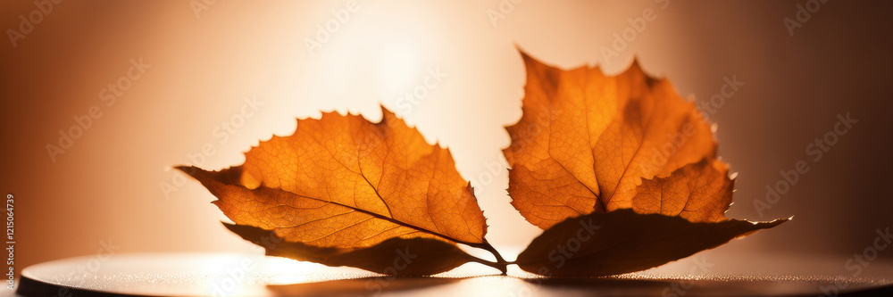 Autumn leaves on a wooden surface against a light-colored wall. The leaves cast a soft shadow on the surface. A banner with space for the text. Autumn leaves on a wooden surface against a light-colored wall. The leaves cast a soft shadow on the surface. A banner with space for the text.