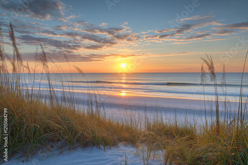 A breathtaking view of the sun setting over the ocean, painting the sky in soft hues.