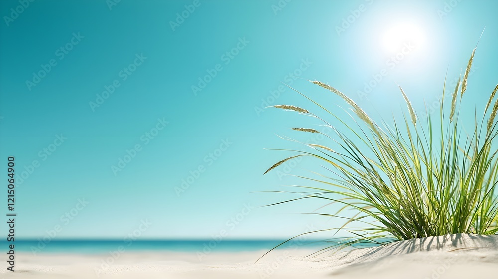 Obraz premium Seaside Grass with Clear Blue Sky and Bright Sunlight Background