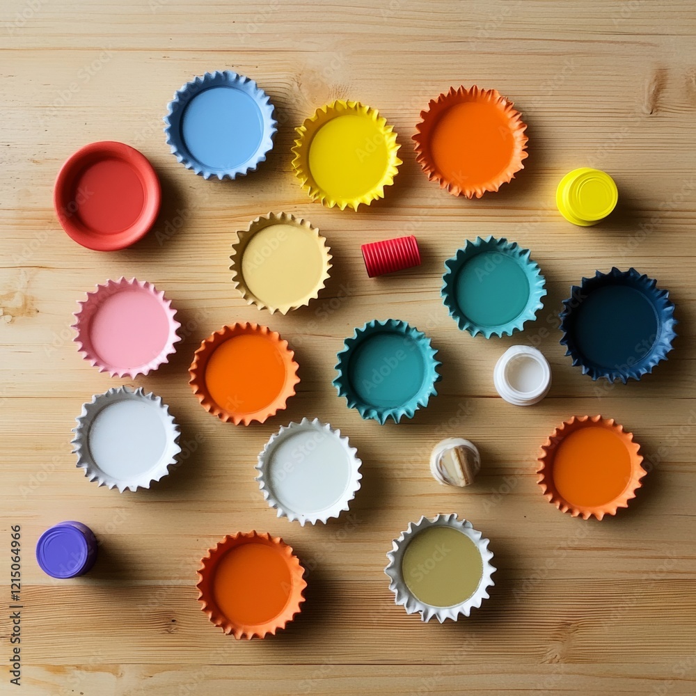 Eco-Chic Upcycling Vibrant Bottle Cap Coasters on Rustic Wood - Sustainable Crafts for Modern Workspace Design and Eco-Friendly Decor Solutions Eco-Chic Upcycling Vibrant Bottle Cap Coasters on Rustic Wood - Sustainable Crafts for Modern Workspace Design and Eco-Friendly Decor Solutions