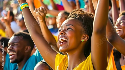 Young African woman American cheering sports event sunny outdoor stadium Cheerful crowd celebrating sunlit arena Fans enjoying daytime match Vibrant atmosphere lively Excitement and joy