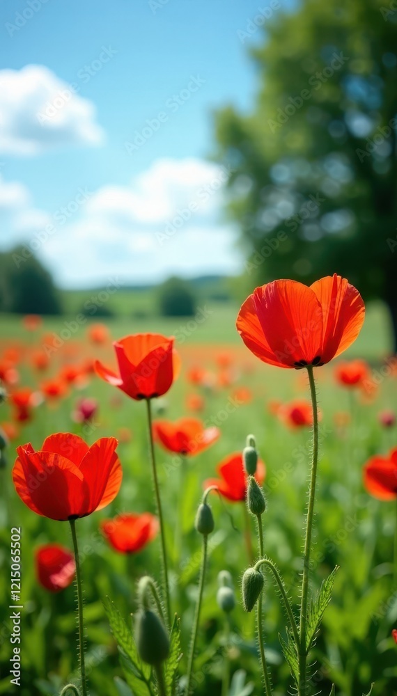 Red poppy flowers in a lush meadow against a blue sky, garden, meadow, red Red poppy flowers in a lush meadow against a blue sky, garden, meadow, red