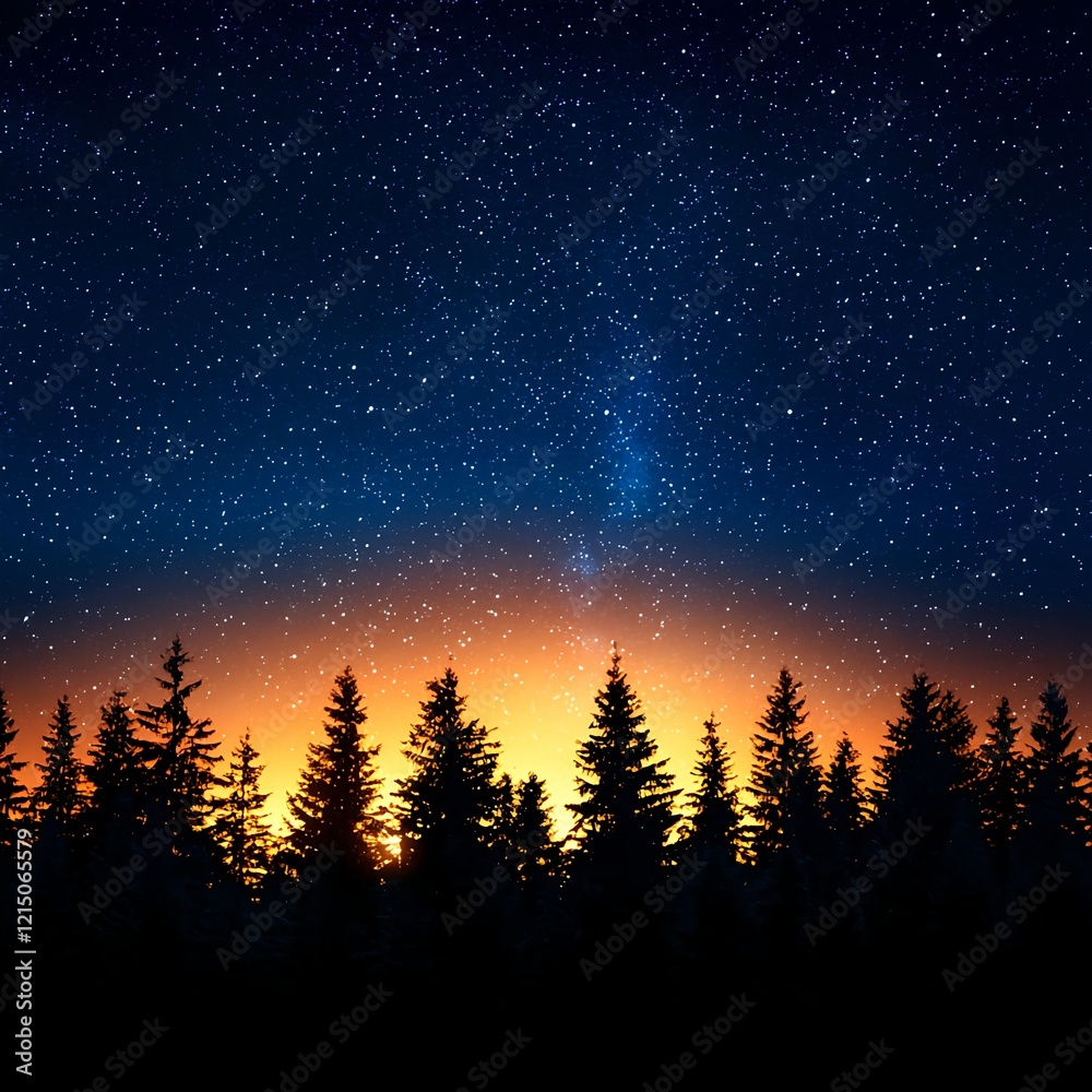 Fototapeta premium Starry Night Sky Over Silhouetted Forest Trees at Dusk