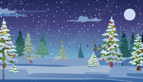 Winter landscape with fir trees and snowfall. Vector cartoon illustration.