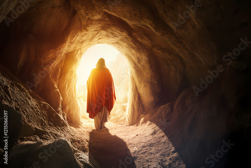 Jesus standing in the tomb with the open stone door