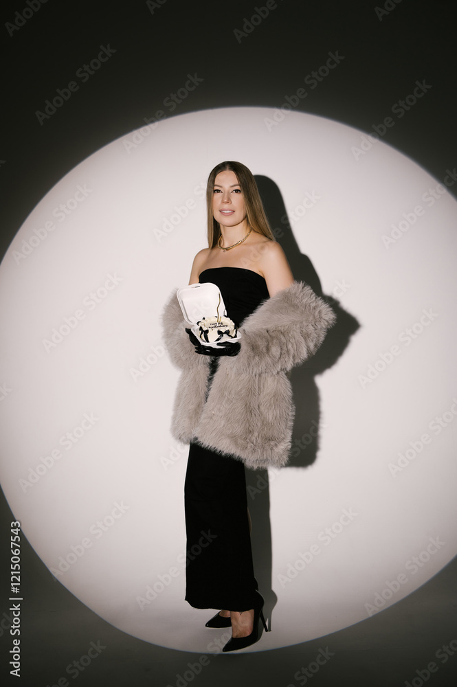 Portrait of a woman in a studio with professional lighting in a smart dress with gloves, in a fur coat with a bento cake on her birthday