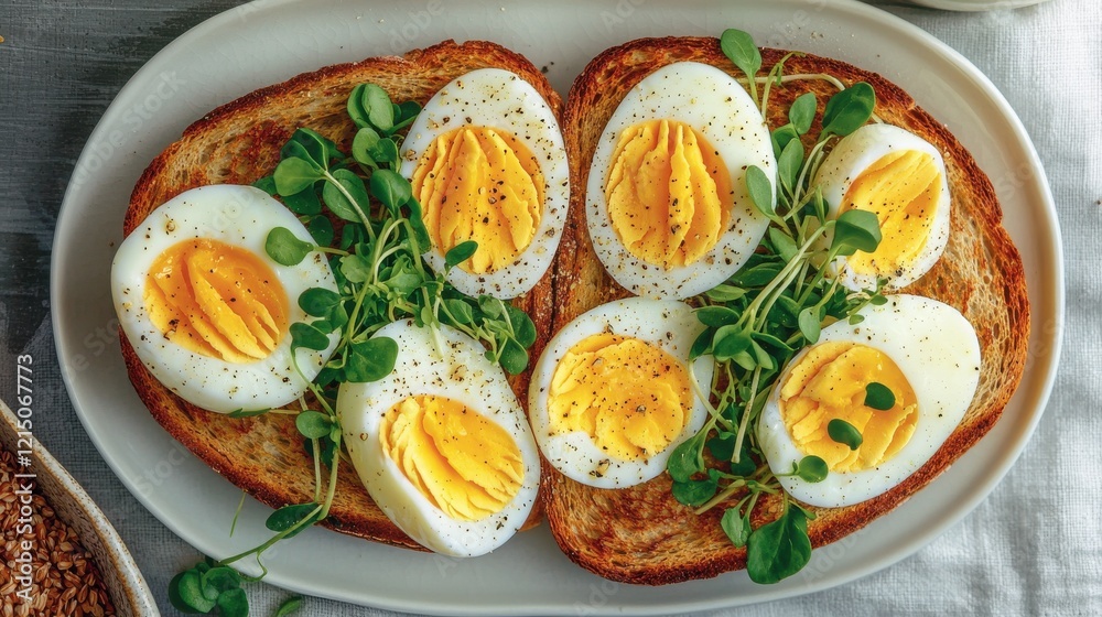Sliced boiled eggs on wholegrain toast bright kitchen food clean lighting textural presentation Sliced boiled eggs on wholegrain toast bright kitchen food clean lighting textural presentation